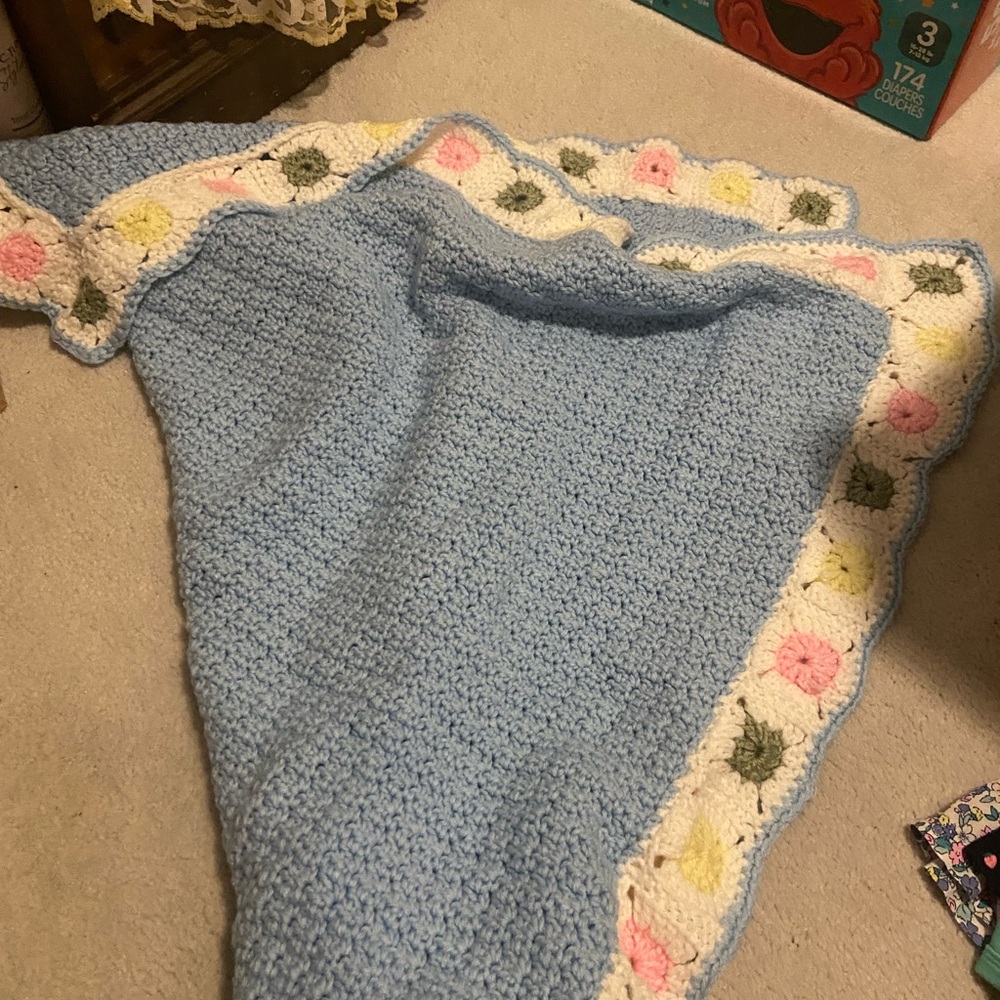 Handmade baby Blue Crochet Blanket with Floral Border crib size